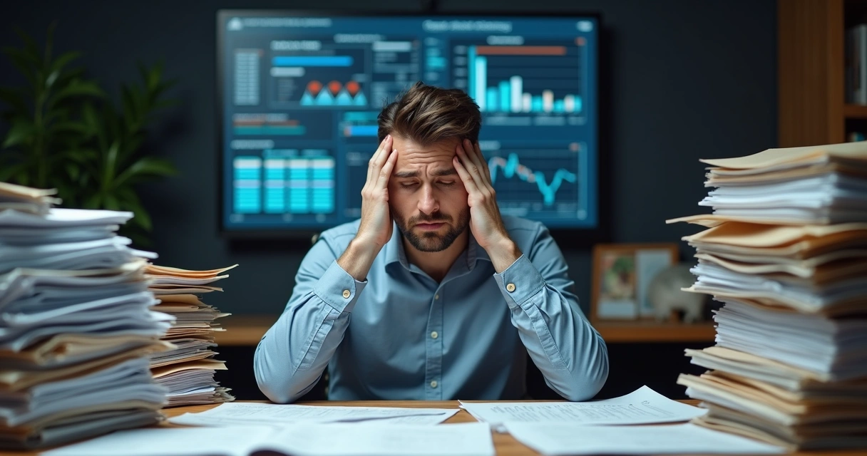 Gestor de condomínio analisando uma lista de tarefas atrasadas em um escritório moderno com pilhas de documentos ao redor 