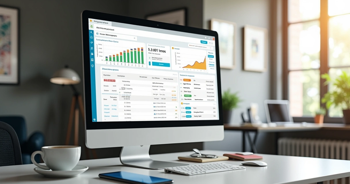 Tela de sistema online mostrando painel com gráficos de finanças e notificações de cobrança de aluguel por e-mail e WhatsApp 