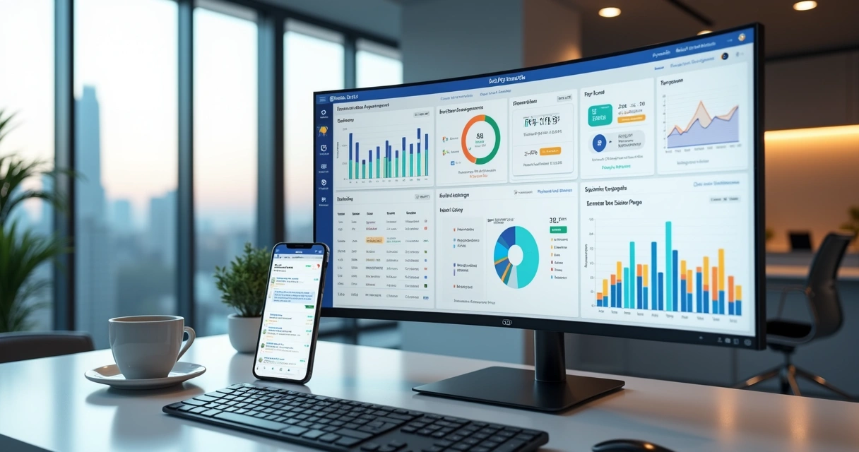 Painel digital com sistema para imobiliária exibindo gráficos, notificações e integração com WhatsApp 