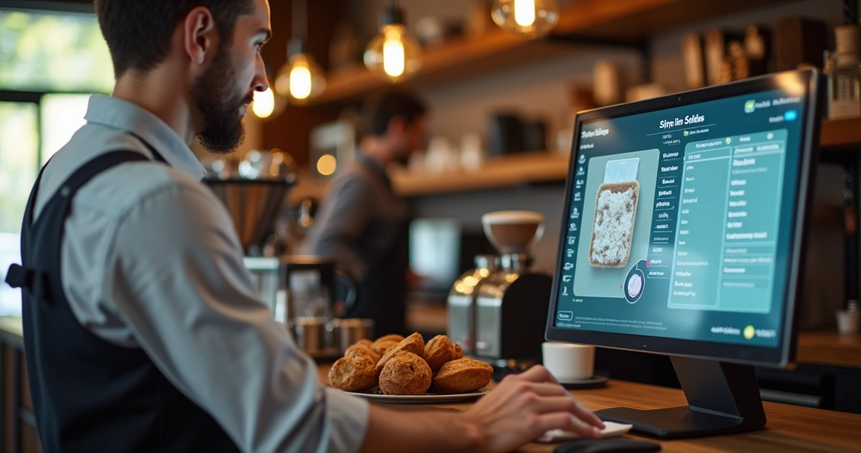 Gestor em cafeteria controlando pedidos digitalmente atrás do balcão 
