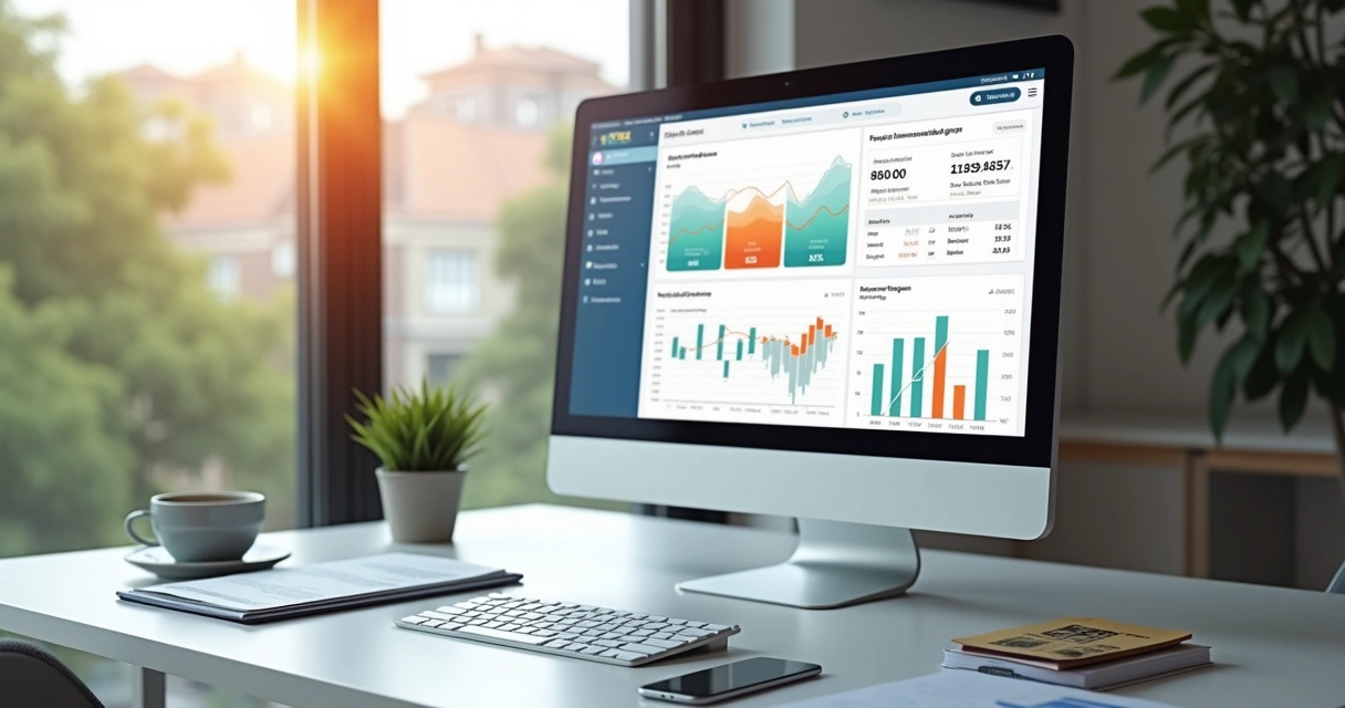 Computador com dashboard financeiro exibindo gráficos, boletos, e notificações de repasse para proprietários 