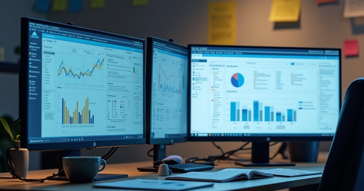 Automação de gestão de fornecedores com telas de computador e ícones de integração