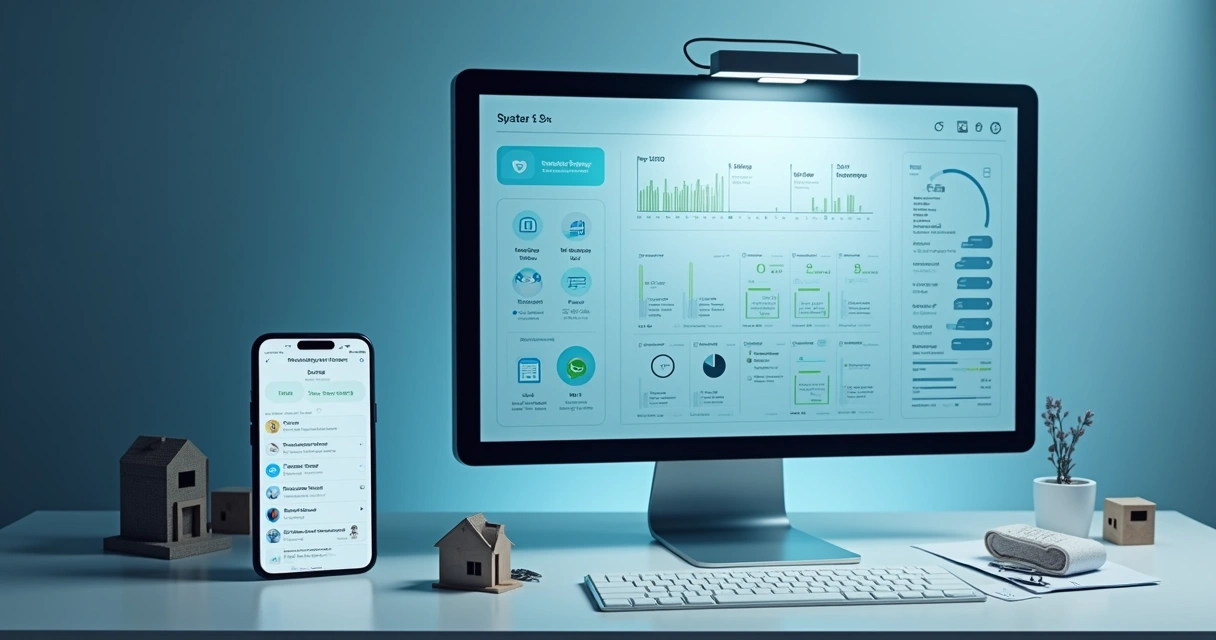 Tela de computador mostrando sistema de administração de imóveis digital 