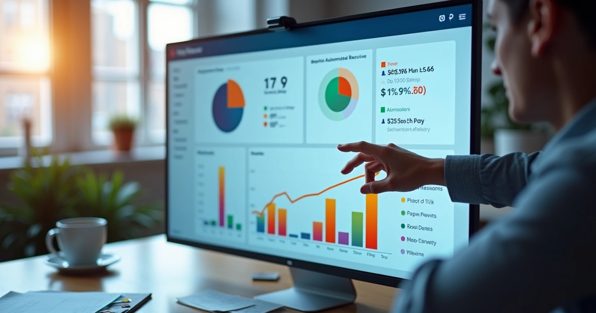 Dashboard digital colorido com gráficos de cobrança e alertas de atraso 