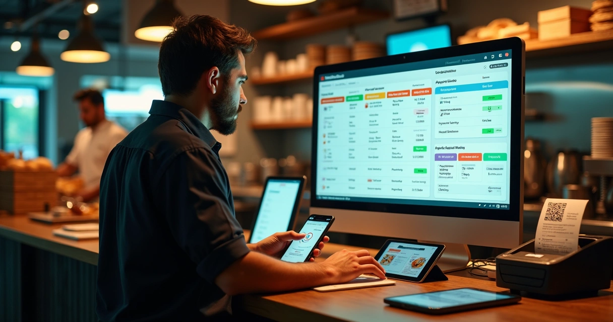 Dono de restaurante usando painel digital para gerenciar pedidos de delivery 