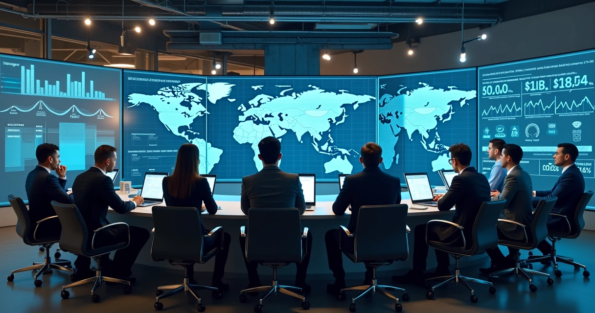 Equipe de profissionais analisando gráficos digitais exibidos em telas grandes em um escritório moderno 