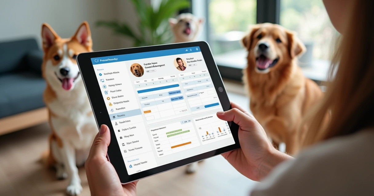 Profissional usando tablet digital para gerenciar reservas de hotel para pets com cães e gatos ao redor 