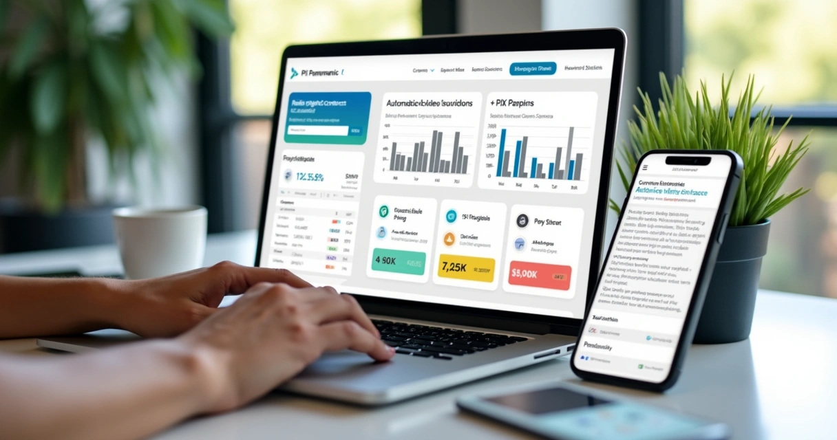 Pessoas utilizando sistema digital de gestão de aluguéis em laptop e smartphone, com interface clara mostrando contratos, boletos e repasses via PIX 