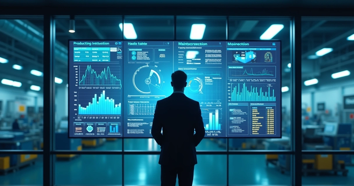 Gerente analisando dashboard automatizado em indústria 
