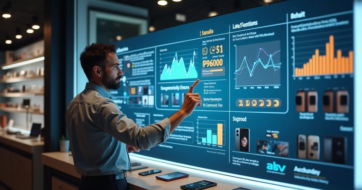 Painel digital com gráficos de vendas e controle de estoque em loja de celular
