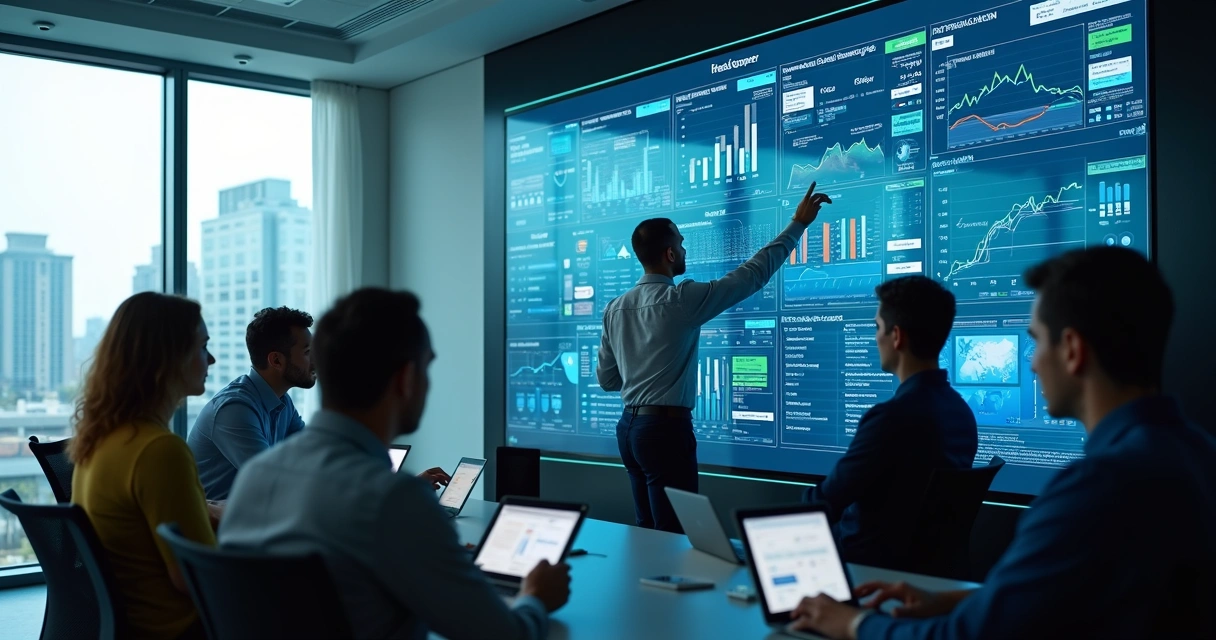 Equipe analisando múltiplos dashboards financeiros em ambiente moderno 