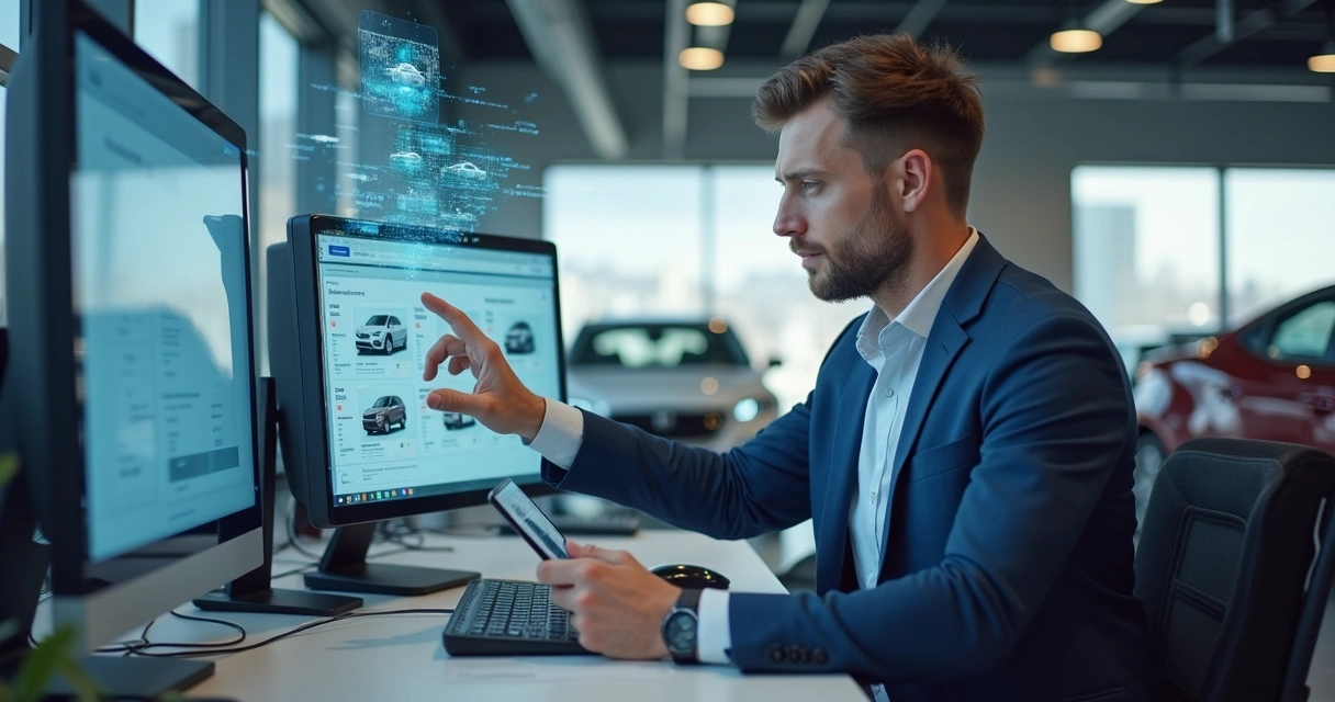 Gestor usando computador, tablet e smartphone em loja de carros 