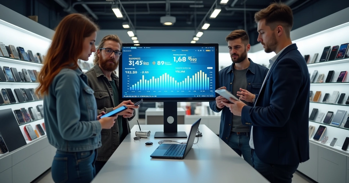 Equipe de loja de celular analisando relatórios no computador juntos 