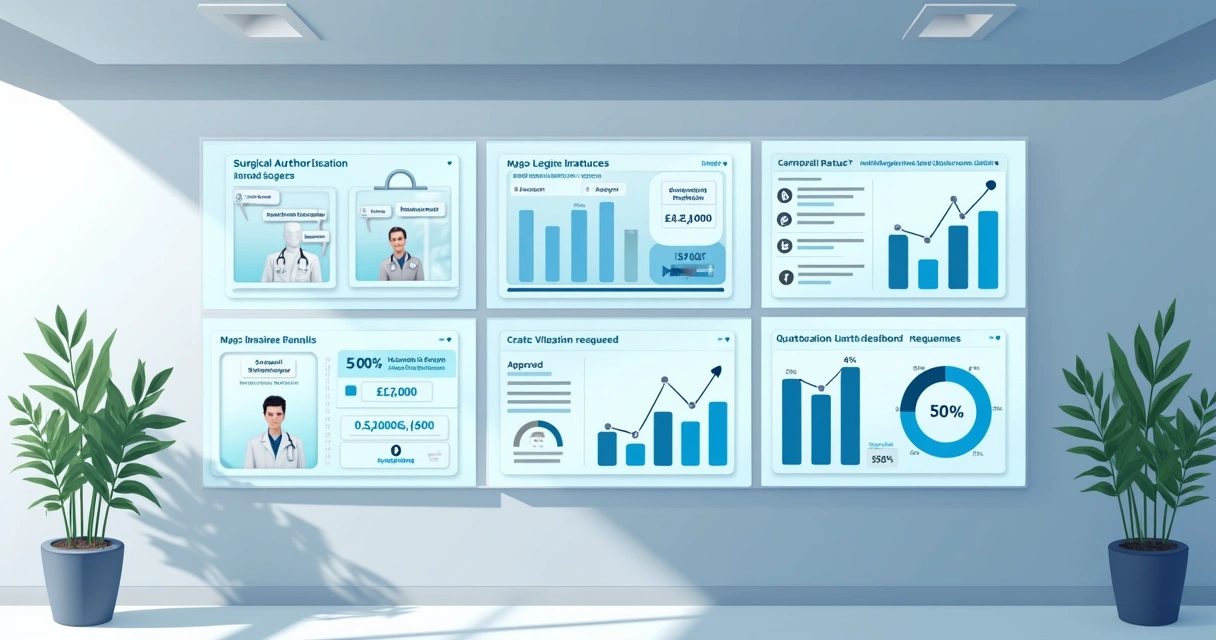 Visualização de dashboard digital com autorizações e faturamento médico 