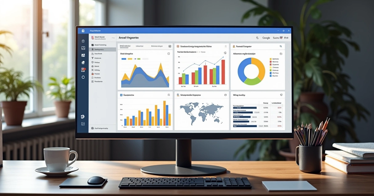 Tela de computador exibindo painel do Google Ads com gráficos de desempenho e opções de segmentação avançada 