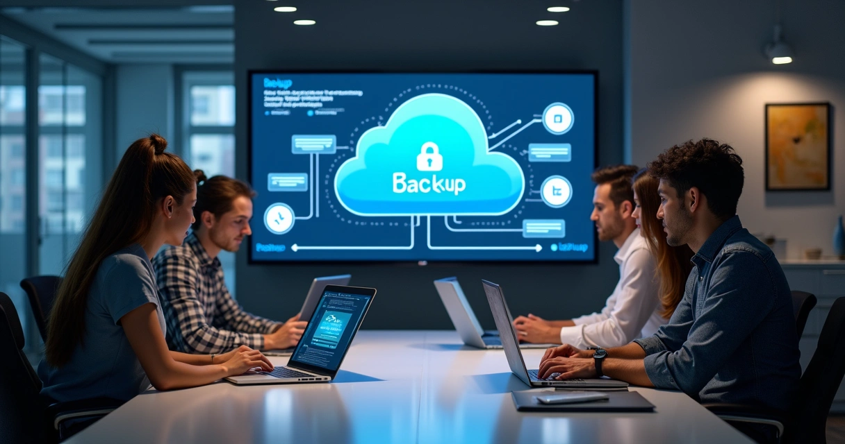 Equipe de TI discutindo estratégias de backup em escritório moderno 