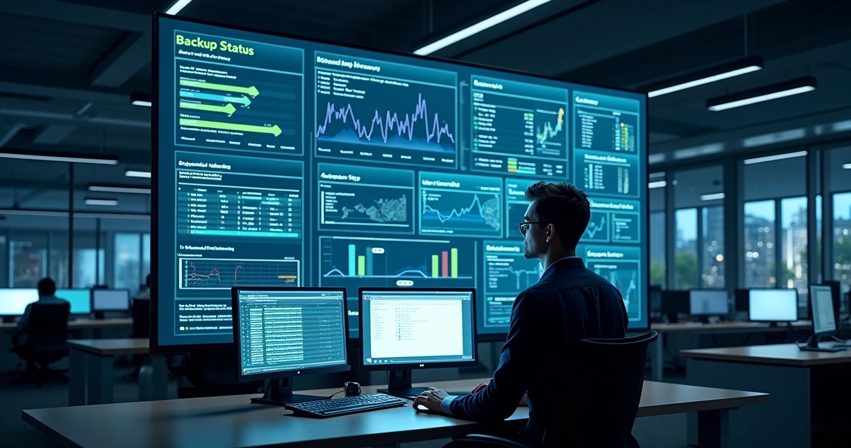Profissional de TI analisando painel digital de gestão de backups 