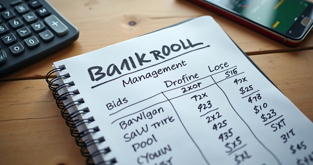 Caderno de gestão de banca com calculadora e celular 