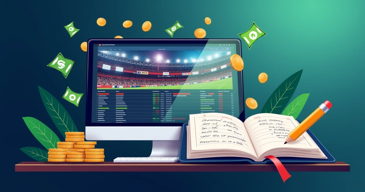 Ilustração de gestão de banca em apostas esportivas, mostrando uma tela de apostas e um caderno de anotações.