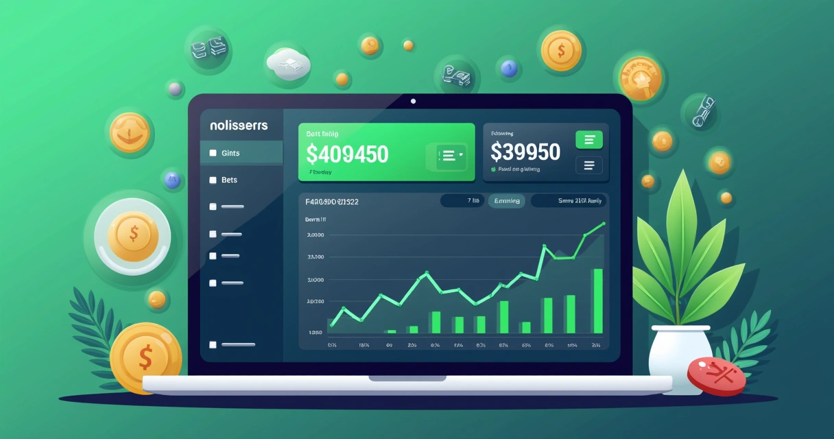 Gestão de banca com painel digital mostrando saldo, apostas, gráfico de evolução e notificações de apostas em destaque 