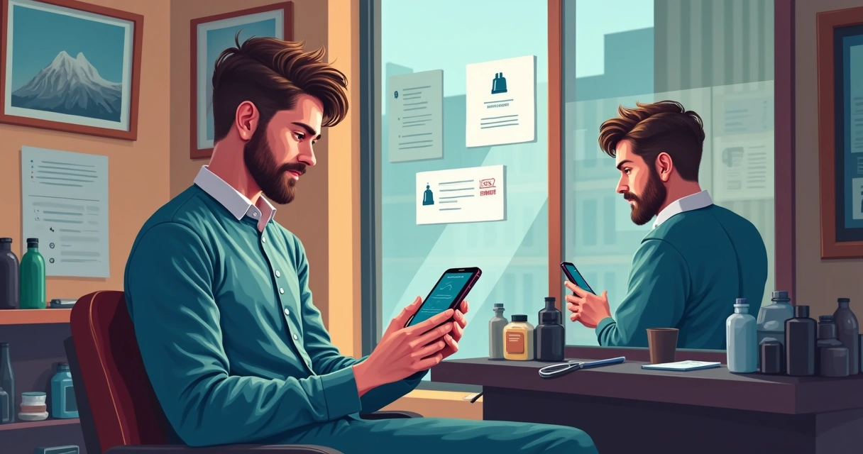 Profissional de barbearia usando app de gestão em celular. 