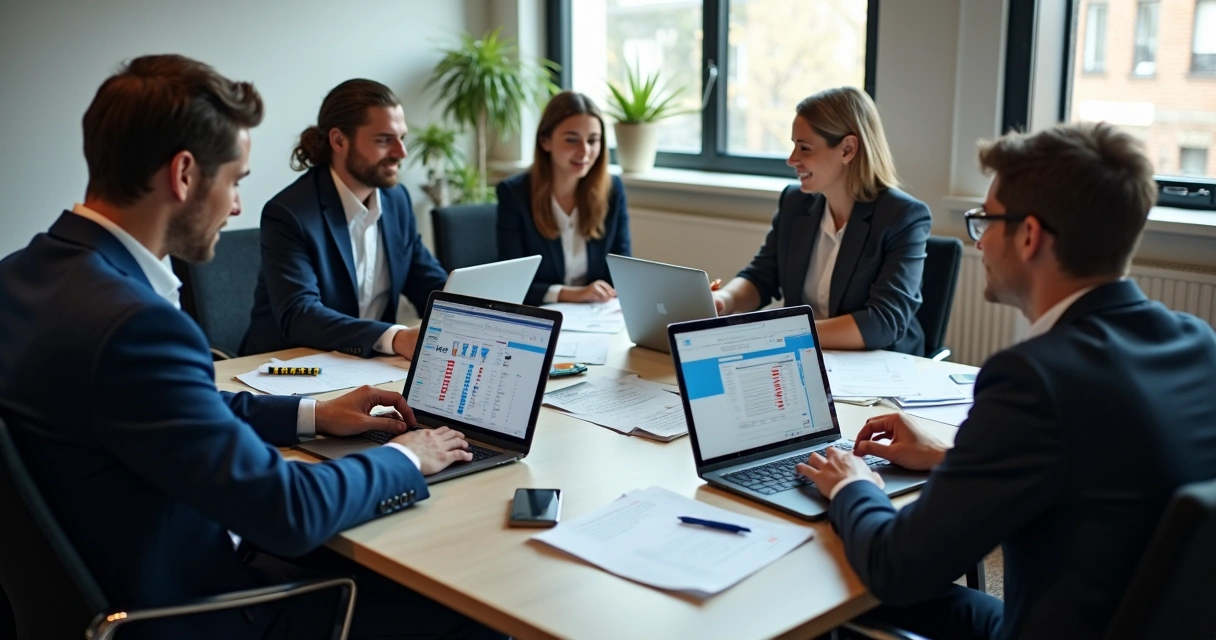 Equipe analisando banco de dados de eleitores em notebooks