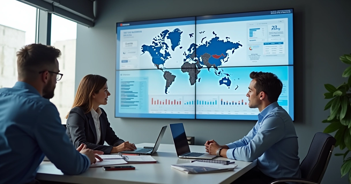 Equipe analisando base eleitoral em painel digital 