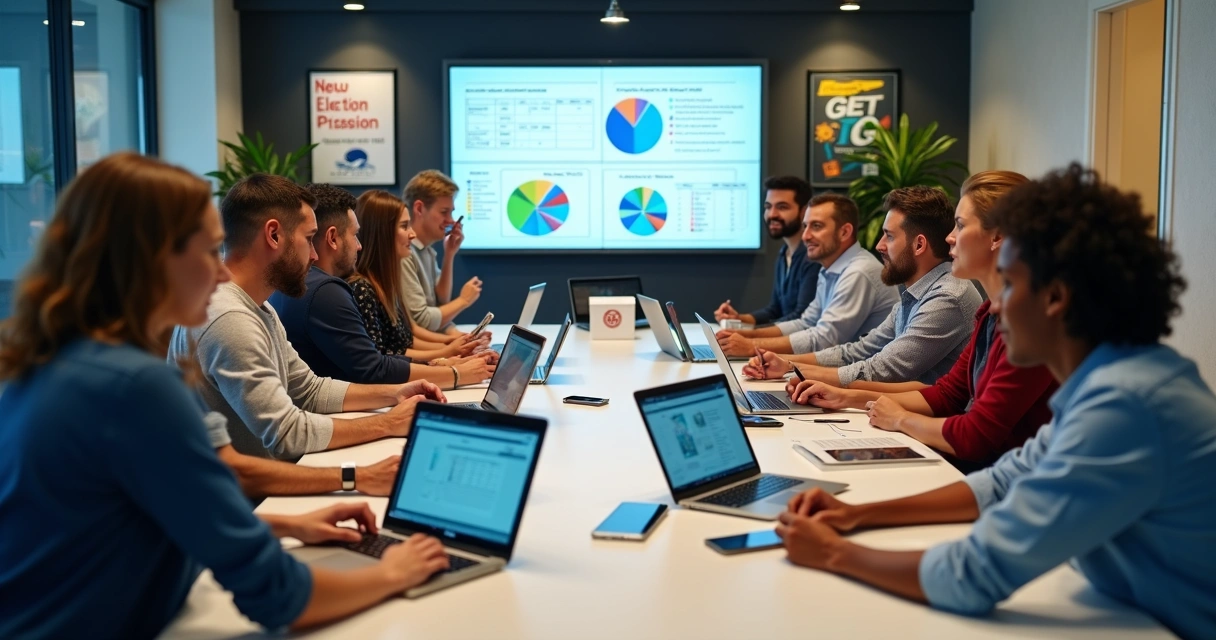 Equipe política organizando base eleitoral com recursos digitais 