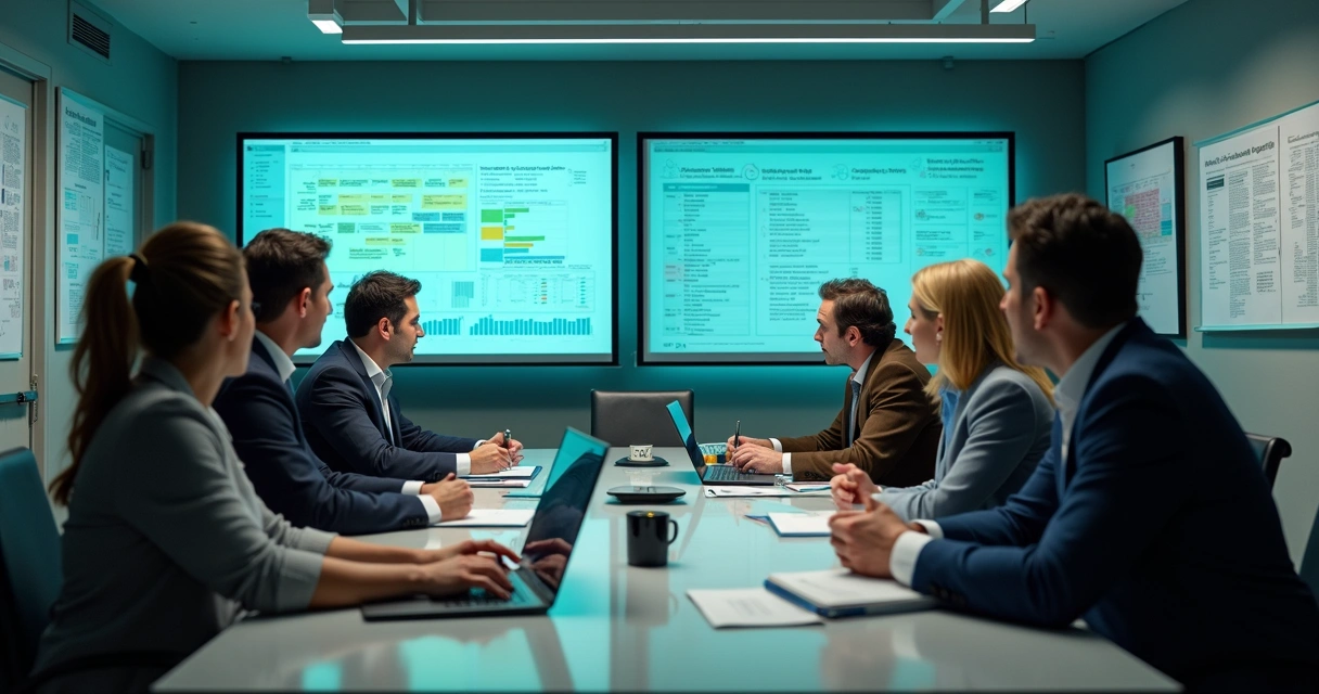 Equipe parlamentar reunida organizando dados em notebooks e tablets 