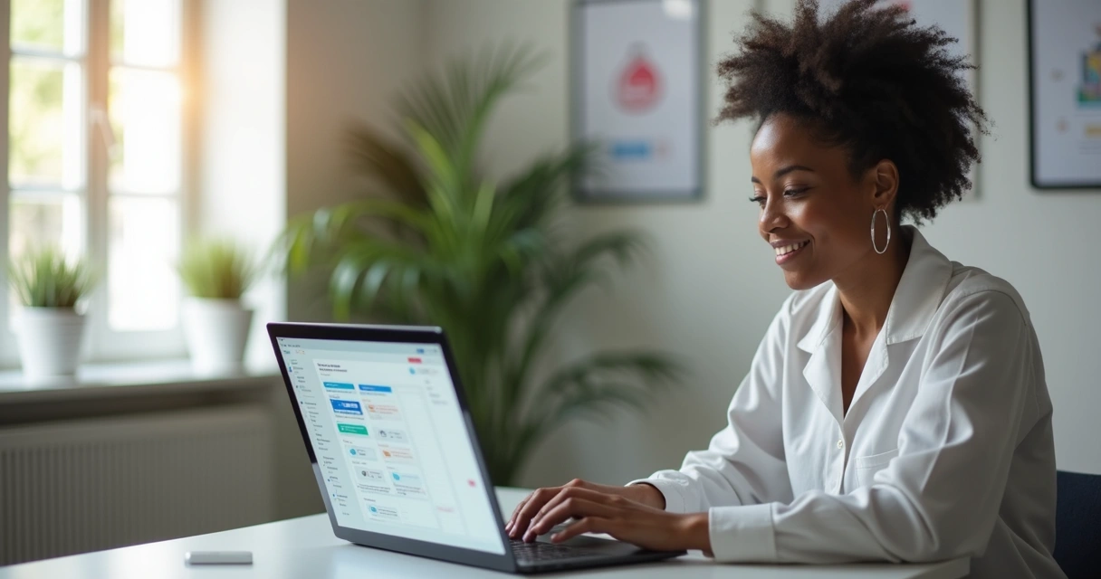 Profissional do bem-estar usando notebook para gerenciar agenda digital 