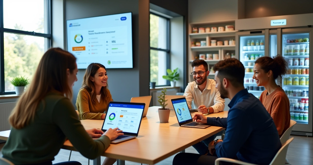 Equipe em escritório moderno usando plataforma digital de benefícios corporativos 