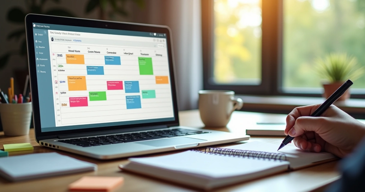 Agenda digital colorida mostrando blocos de tempo definidos para tarefas de trabalho e pausas 