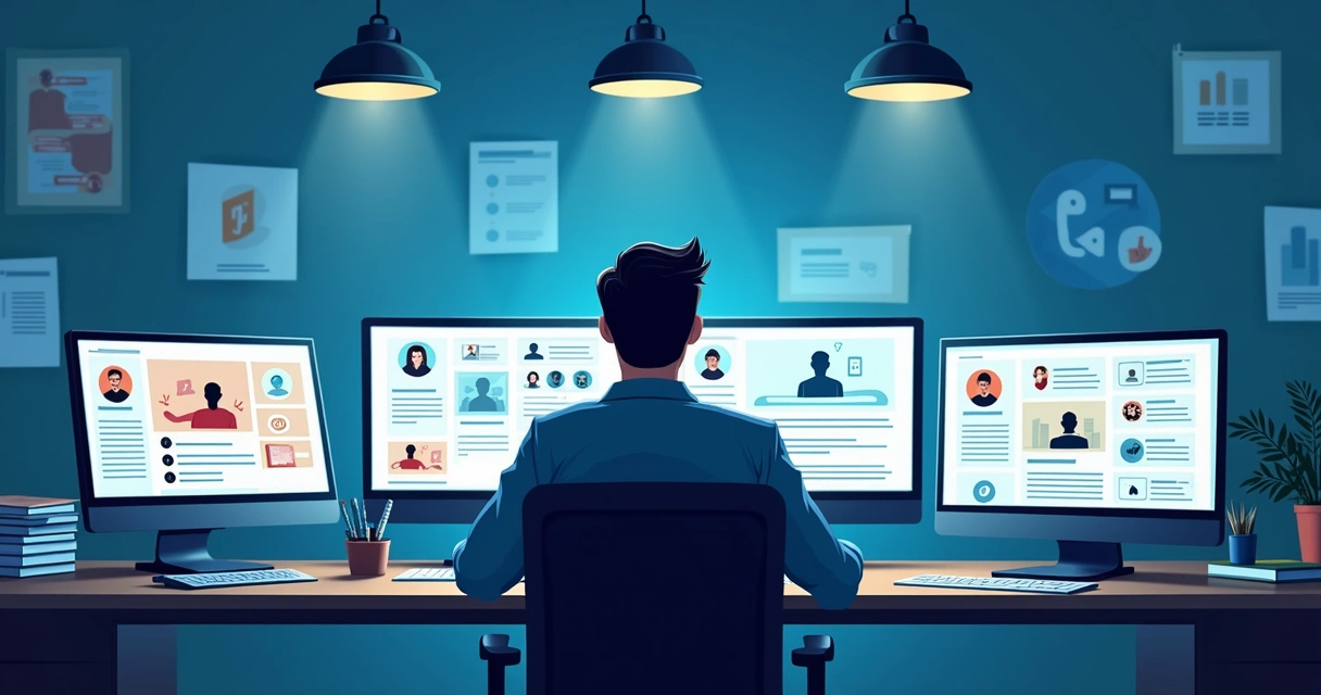 Pessoa monitora ameaças virtuais em várias telas de computador em ambiente profissional 