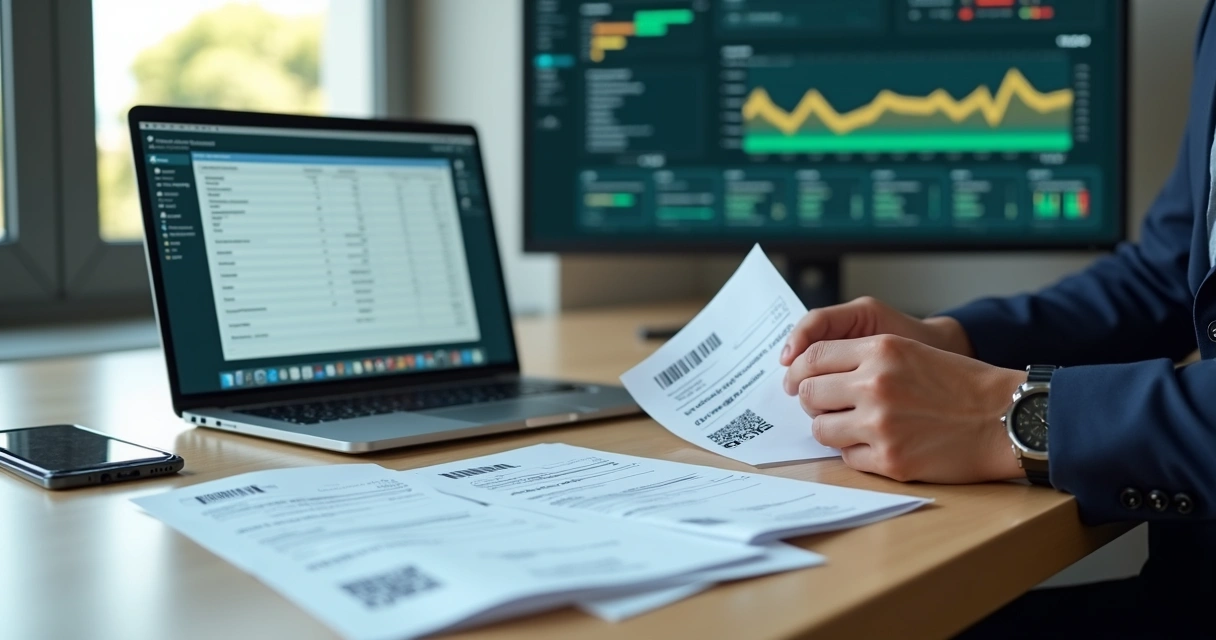 Gestor financeiro analisando boletos bancários e código de barras na tela do notebook 