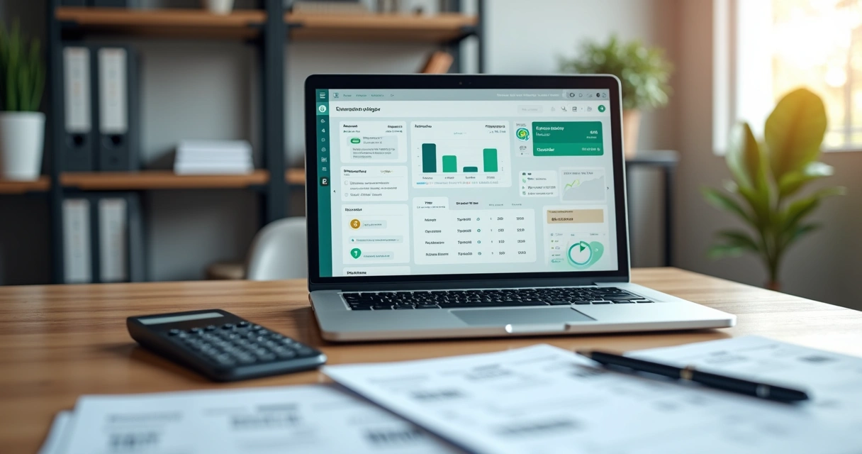 Gestão de boletos em empresa pequena com notebook e gráficos financeiros 