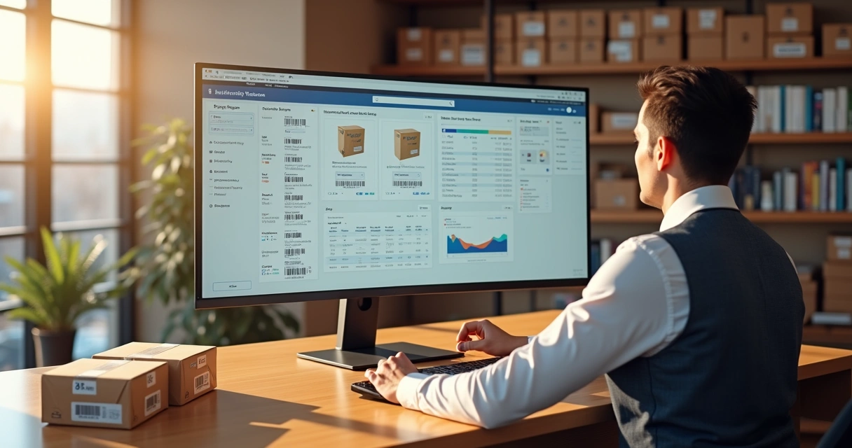 Gestão digital de cadastro único de produto com códigos de barras em tela de computador 