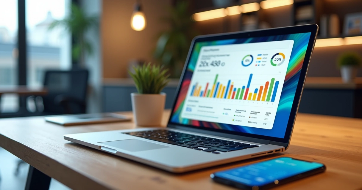 Mesa de trabalho com notebook exibindo dashboard financeiro, celular com app de pagamentos e gráficos de fluxo de caixa digitais 