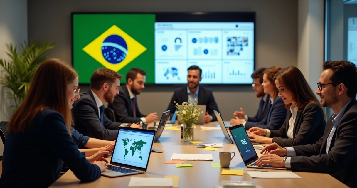 Equipe política reunida ao redor de uma mesa discutindo estratégias com computadores e mapas eleitorais. 