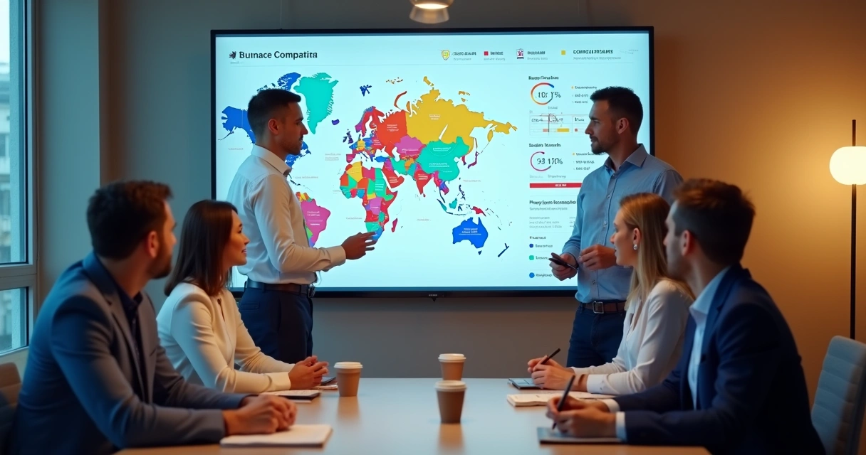 Equipe analisando painel digital com gráficos de performance eleitoral em escritório moderno 