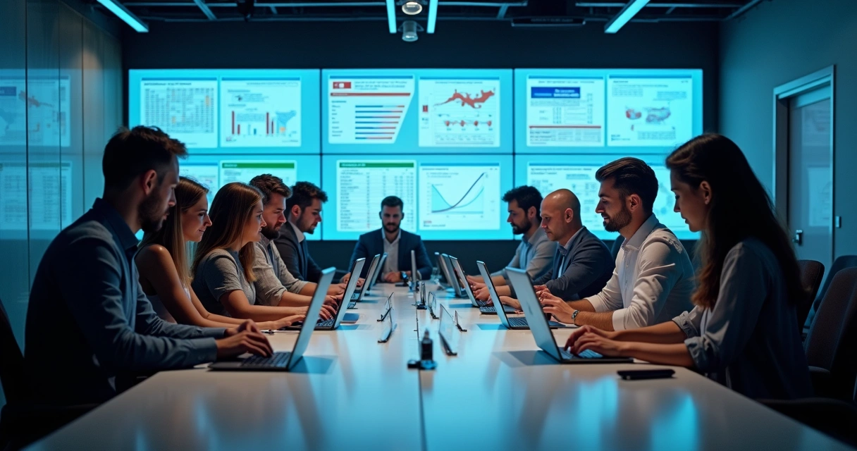 Equipe manuseando computadores para organizar contatos políticos 