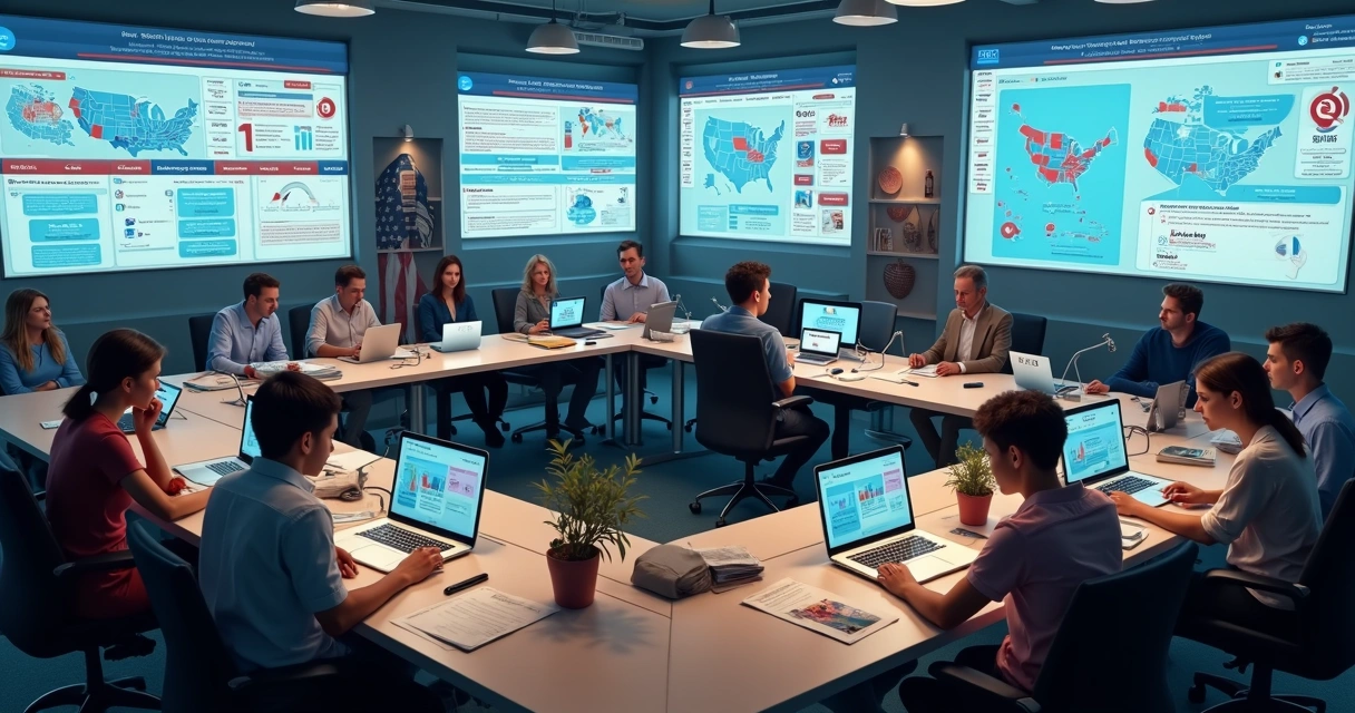 Equipe de campanha política usando computadores em sala moderna