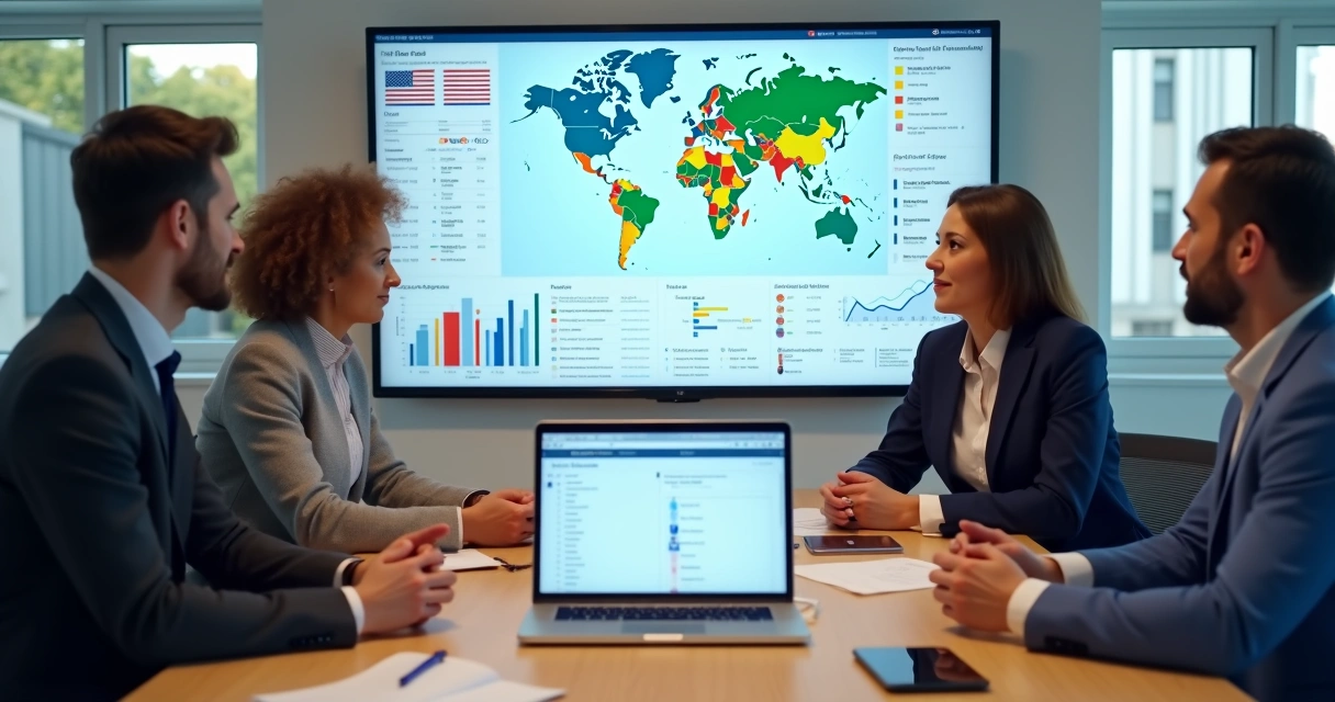 Equipe política analisando painel digital de gestão de campanha eleitoral 