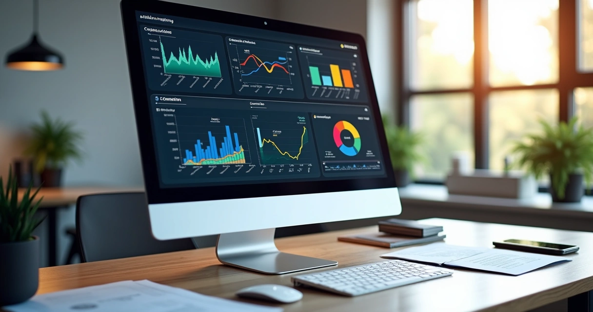 Tela de computador exibindo painel de controle com gráficos e métricas de CPM para campanhas de afiliados e lojistas 