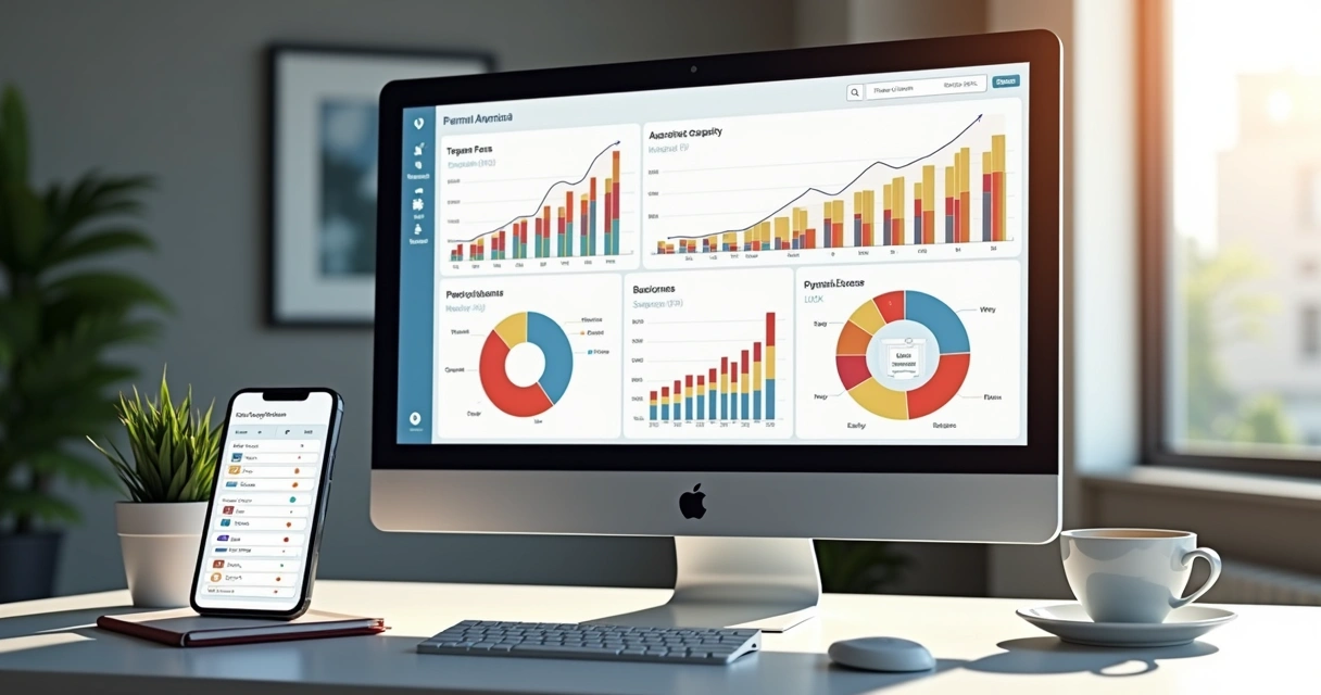 Tela de computador exibindo painel de gestão de campanhas digitais com gráficos de desempenho e segmentação de público 