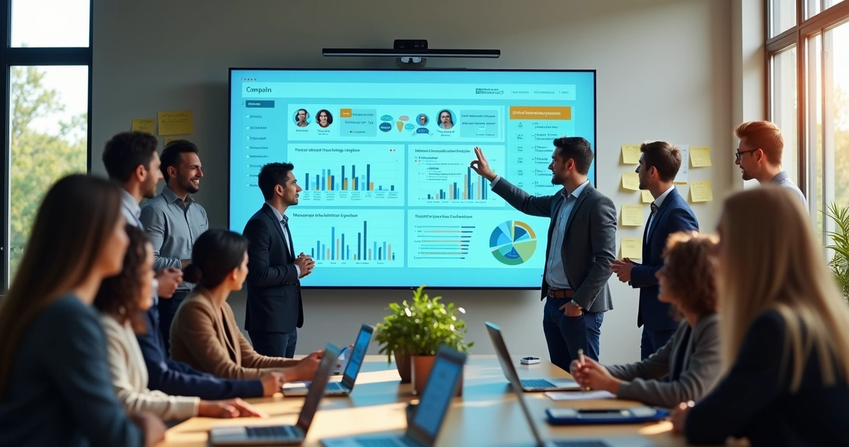 Equipe de marketing reunida analisando painéis de dados digitais em uma sala moderna 