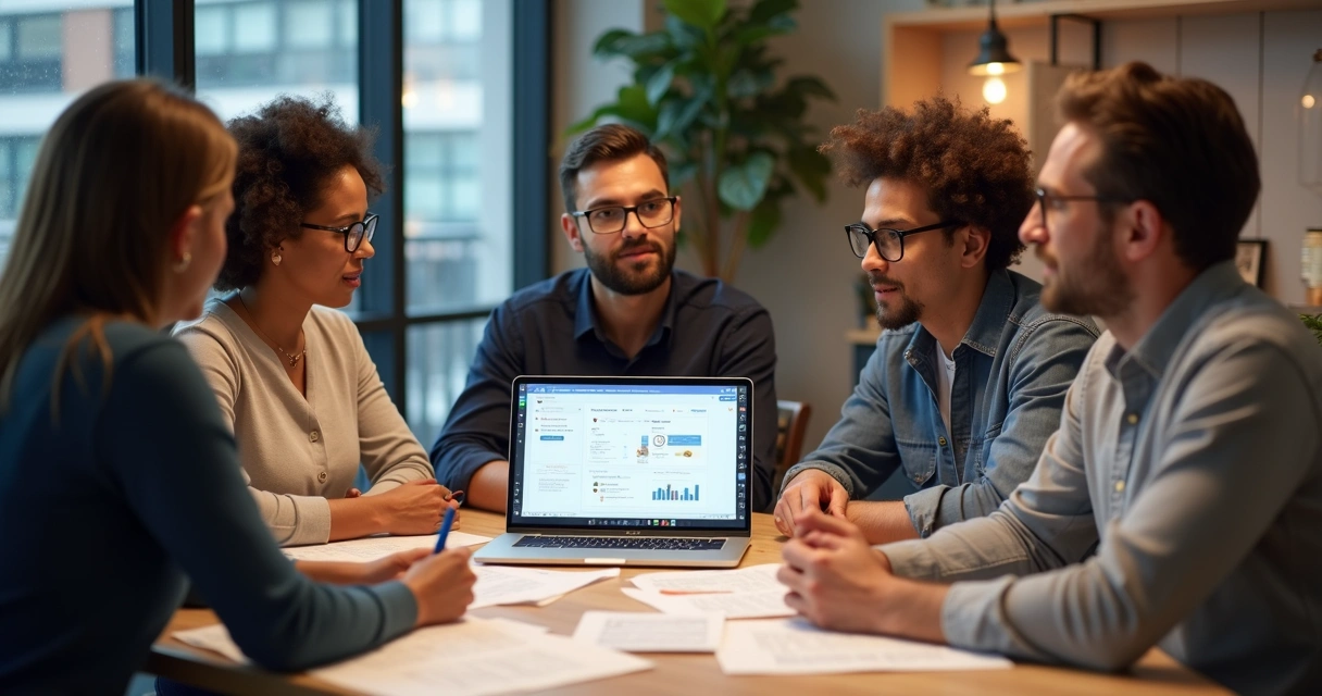 Equipe avaliando campanha com influenciadores em laptop 