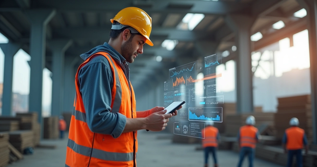Supervisor de obras usando tablet monitorando equipe em ambiente industrial 