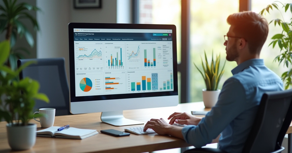 Pessoa analisando gráficos de desempenho em tela de computador mostrando dados de afiliados e influenciadores 