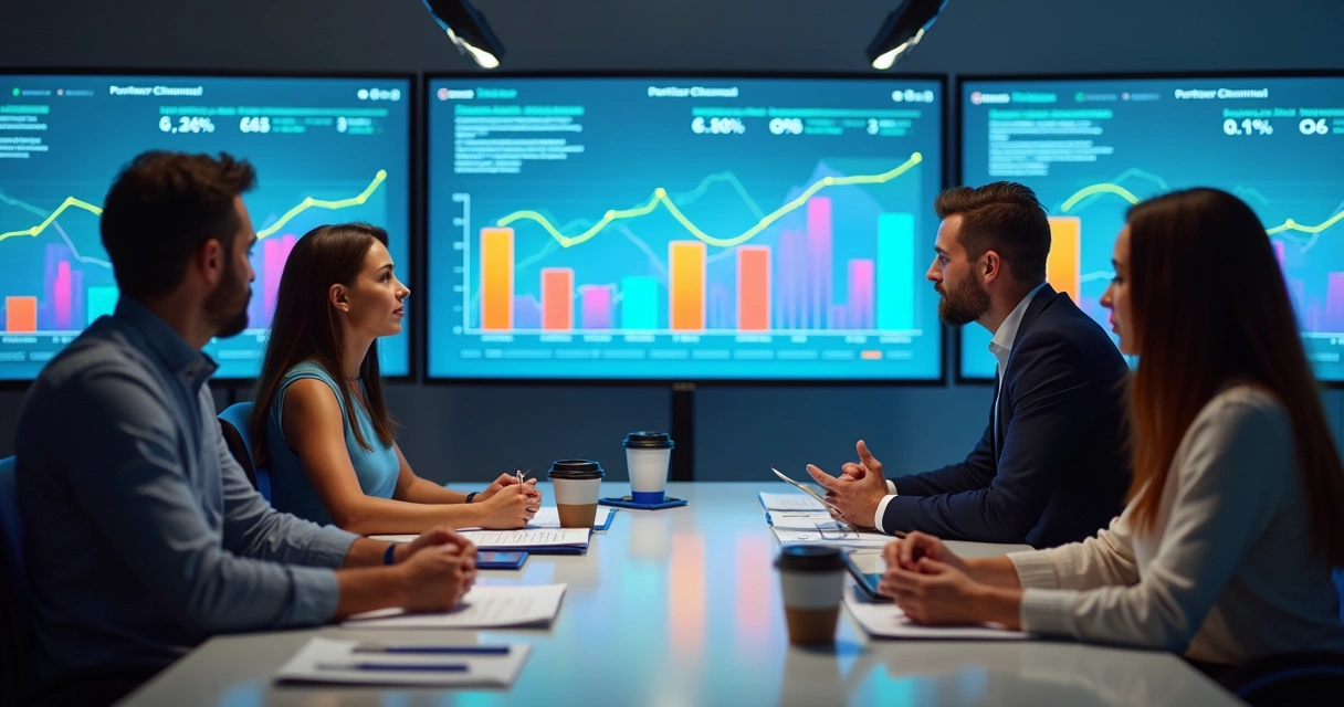 Equipe de negócios analisando gráficos digitais de canais de parceiros em um painel estratégico 