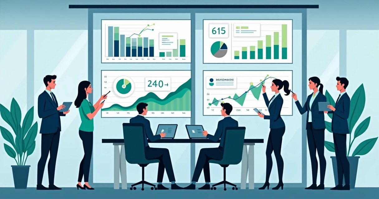 Revendedor: Como Estruturar e Expandir Canais de Venda B2B Equipe de negócios analisando dashboard digital em tela grande; gráficos de vendas B2B e fluxos de parcerias à sua volta
